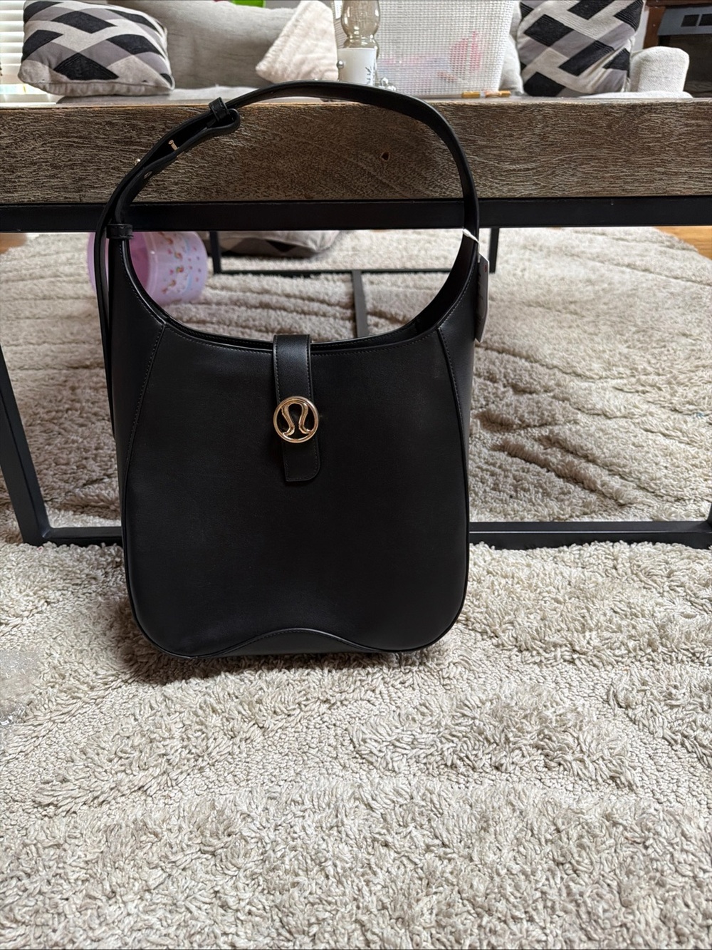 lululemon athletica Black Shoulder Bag with Gold Logo Accent